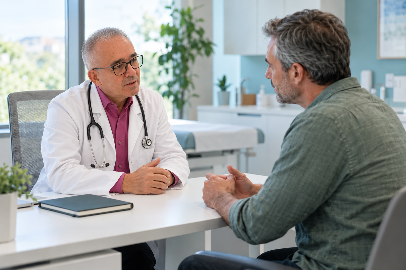 El Dr. Armando J. Santos Vázquez durante una consulta con un paciente